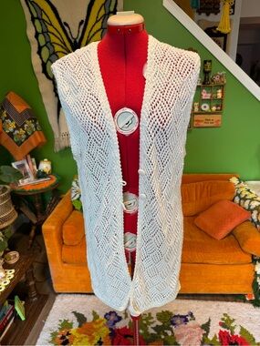 Vintage Ivory Open-Knit Sleeveless Tunic Vest